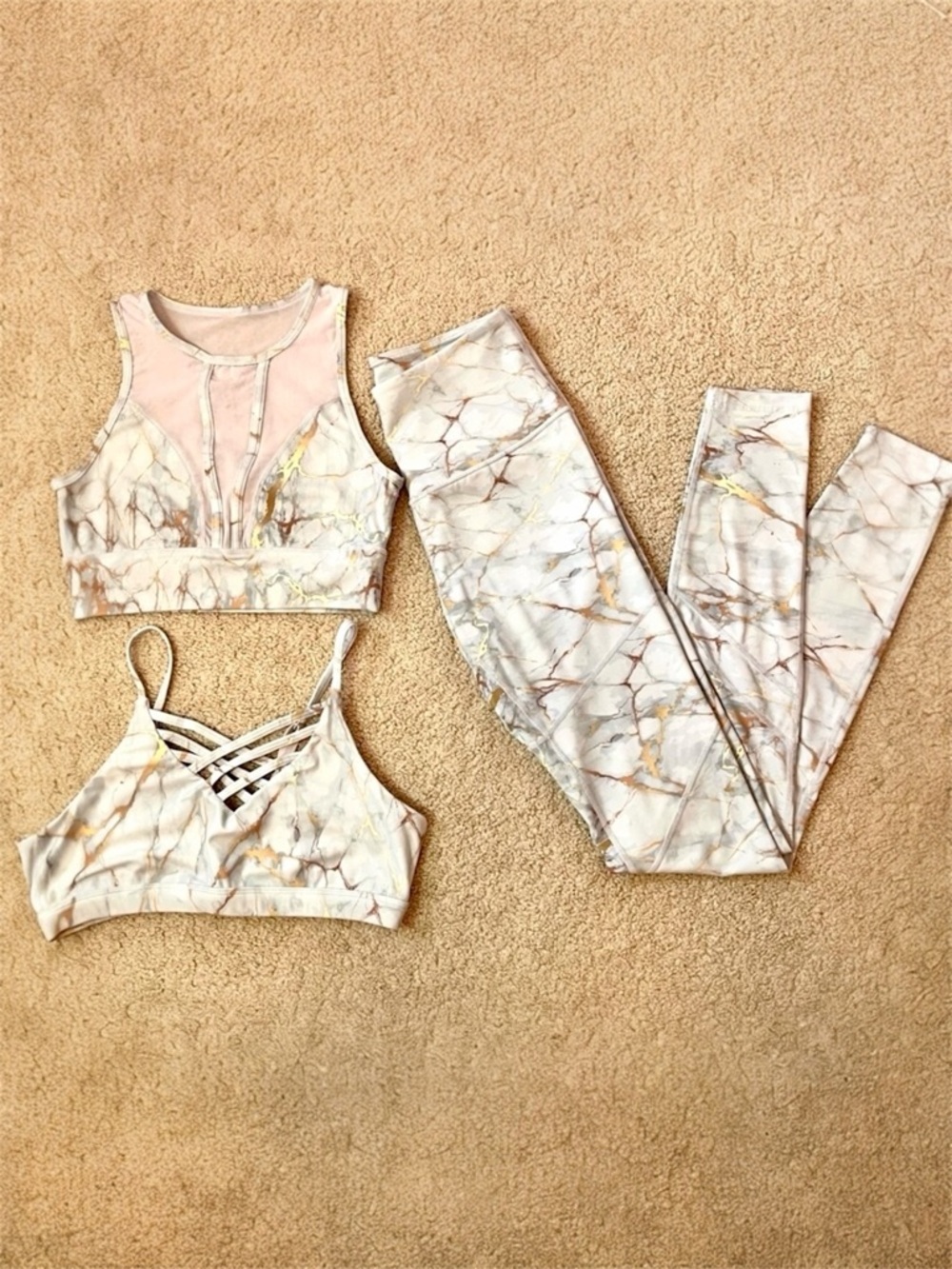 Marble Print Activewear Set 3pc Scrunch Butt Leggings & Sports Bras Sm/Med